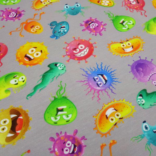 Stoff Baumwolle Jersey mit Monster Design grau multicolor bunt Kinderstoff Kleiderstoff